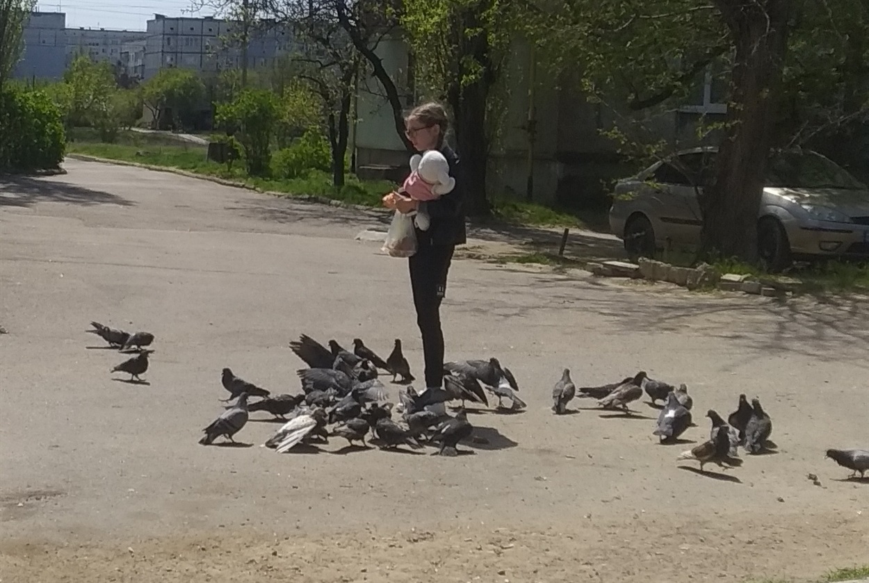 Дівчинка з лялькою годує голубів у Новій Каховці
