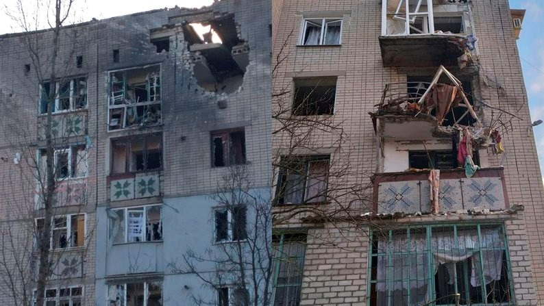 Пошкоджений обстрілами багатоповерховий будинок Яни у Новій Каховці. 
